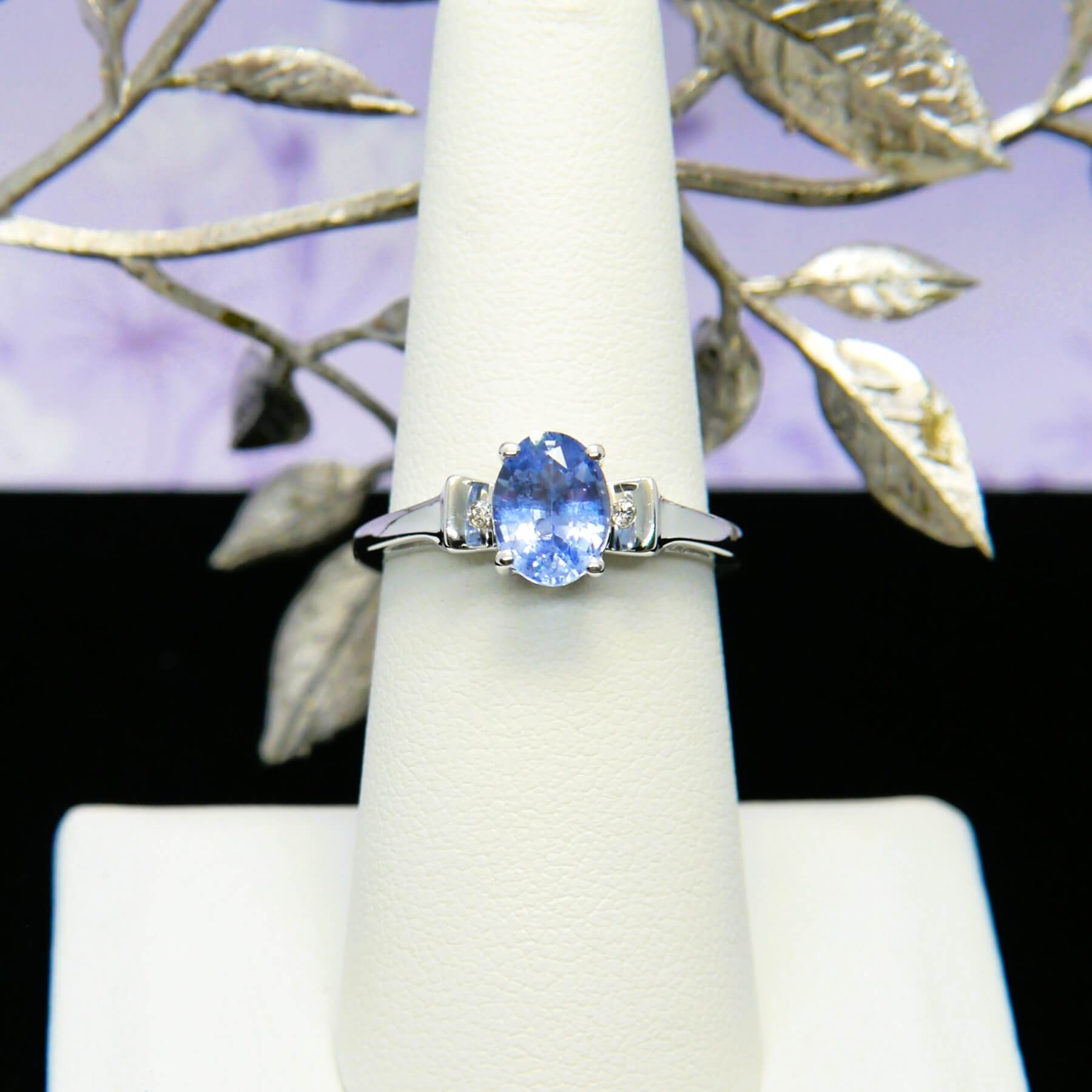 Oval Ceylon Sapphire and Diamond Ring in 14k White Gold