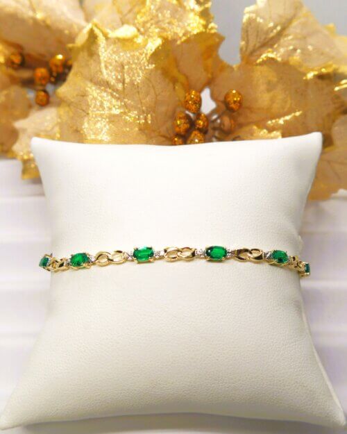 Synthetic Emerald Stone & Diamond Infinity Bracelet In 10k Yellow Gold