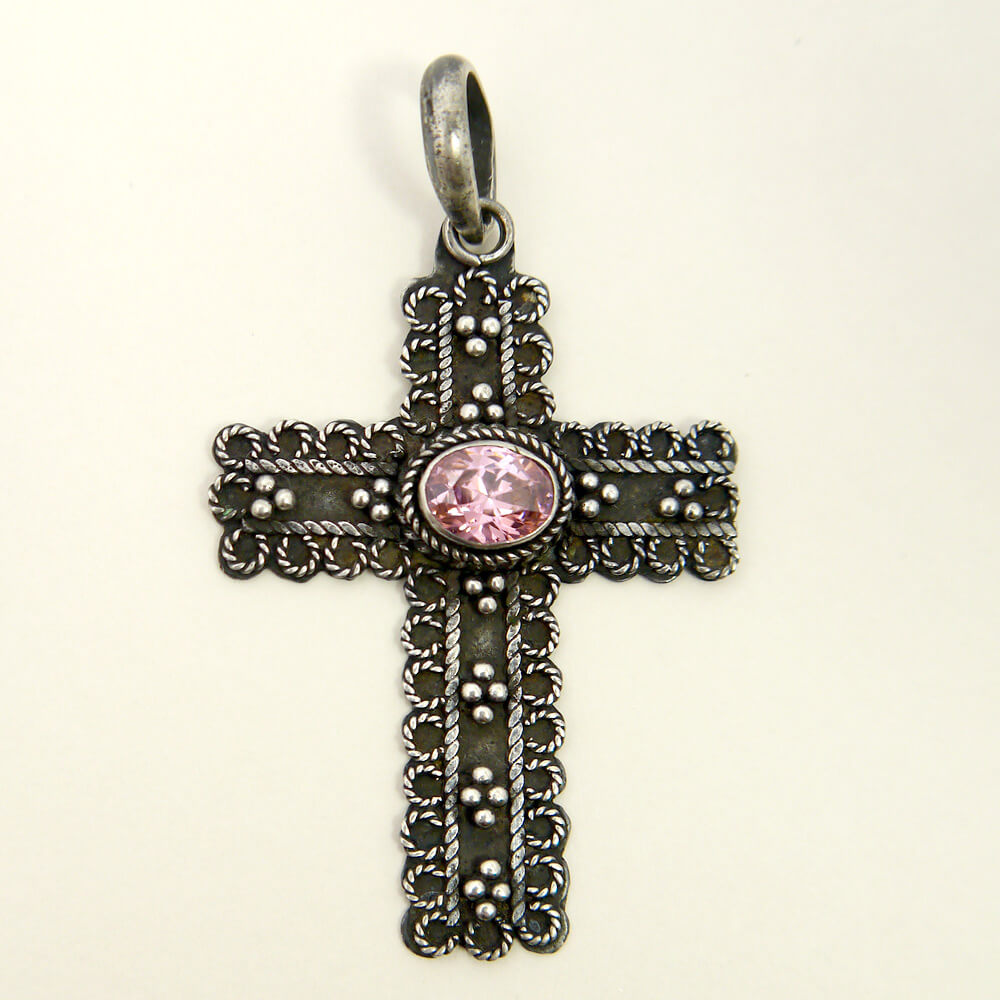 Sterling Silver Oval Pink Stone Cross Pendant