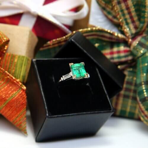 Emerald Cut Emerald & Baguette Cut Diamond Ring in Platinum