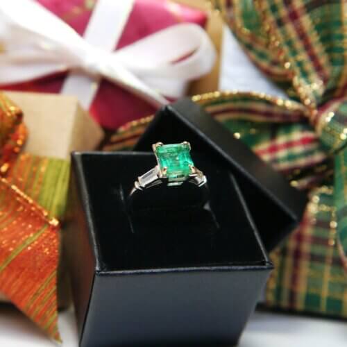 Emerald Cut Emerald & Baguette Cut Diamond Ring in Platinum