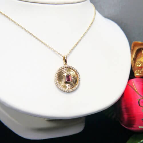 Ruby and Diamond Disc Pendant in 14k Yellow Gold