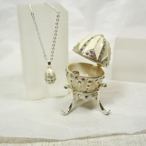 White Enameled Egg Trinket Box with Matching Mini Necklace