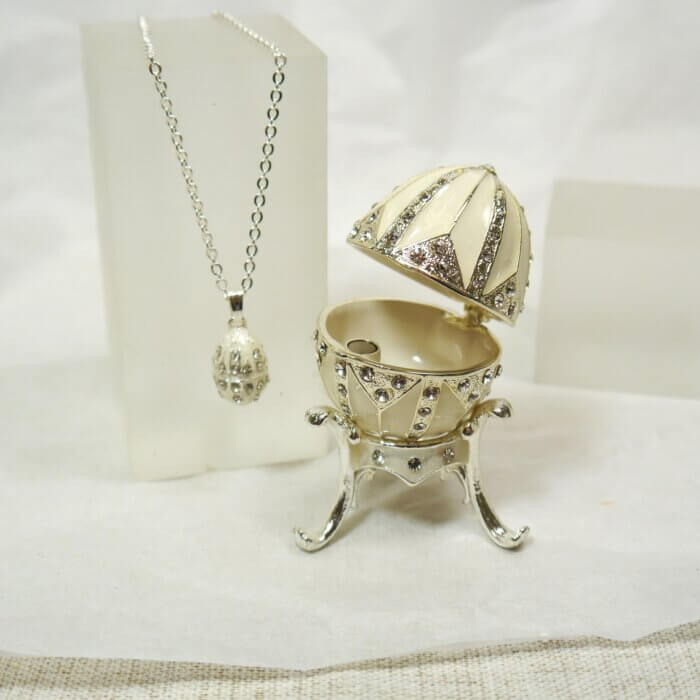 White Enameled Egg Trinket Box with Matching Mini Necklace