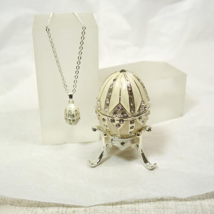 White Enameled Egg Trinket Box with Matching Mini Necklace