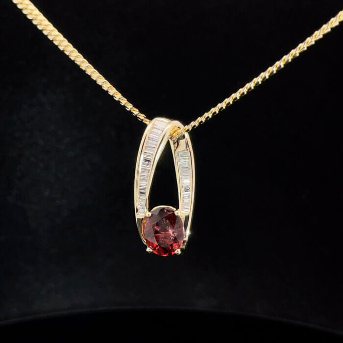 Oval Tourmaline & Baguette Diamond Slide Pendant in 14k Yellow Gold