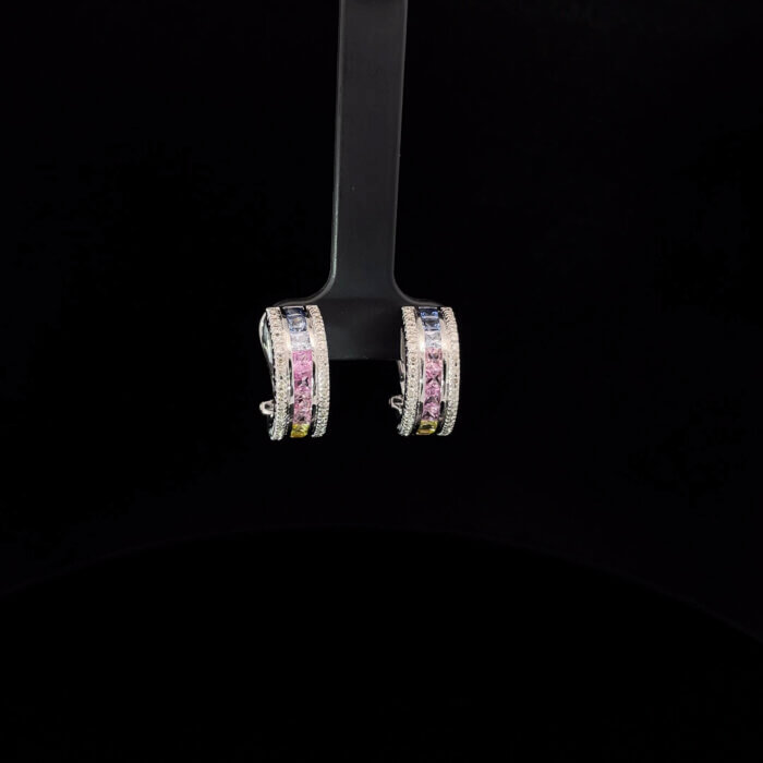 14k White Gold Rainbow Sapphire & Diamond Half Hoop Earrings - Image 2