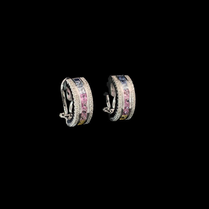 14k White Gold Rainbow Sapphire & Diamond Half Hoop Earrings