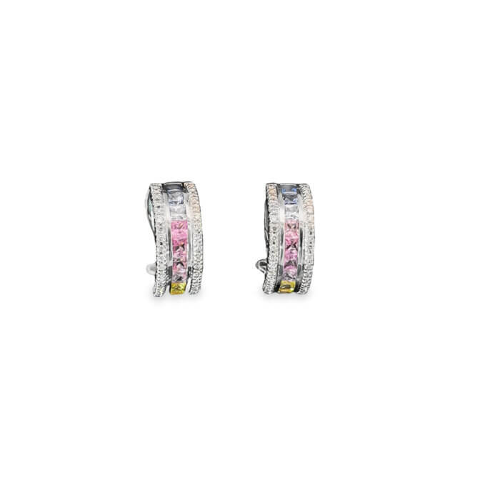 14k White Gold Rainbow Sapphire & Diamond Half Hoop Earrings - Image 6