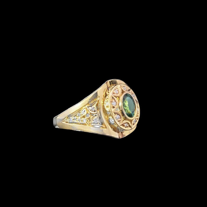 18k Yellow Gold Oval Green Tourmaline & Diamond Men’s Ring - Image 3