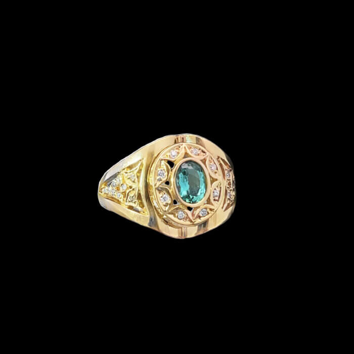 18k Yellow Gold Oval Green Tourmaline & Diamond Men’s Ring - Image 2