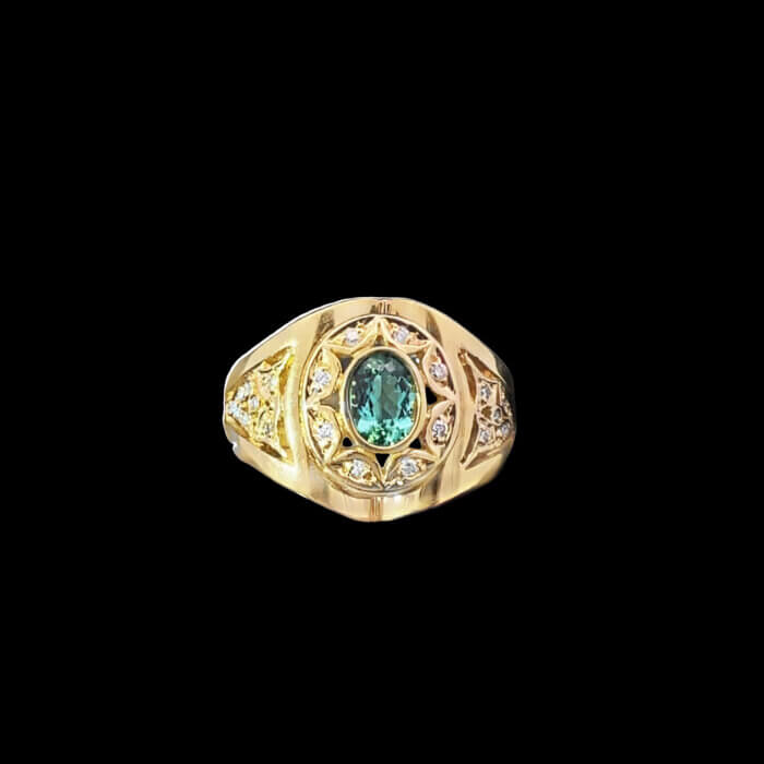 18k Yellow Gold Oval Green Tourmaline & Diamond Men’s Ring