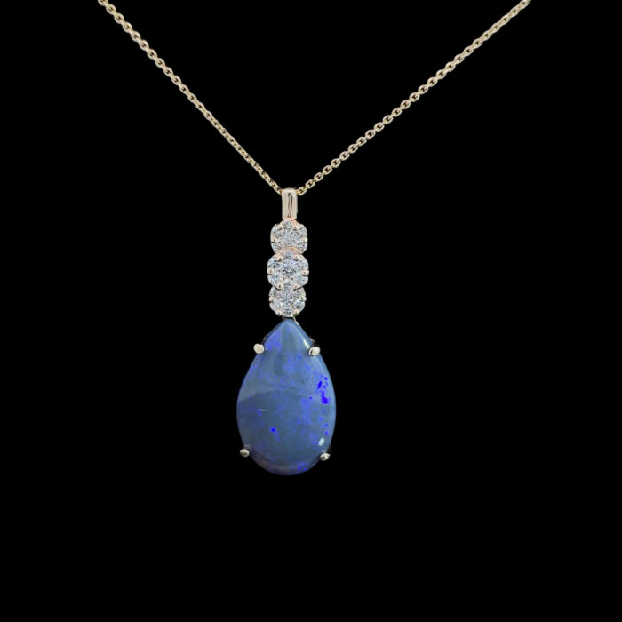 Pear Cut Cabochon Black Opal & Diamond Pendant in 10k Yellow Gold