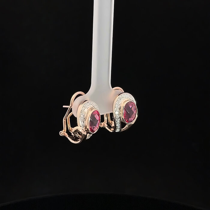 14k Rose Gold Oval Rubellite & Diamond Earrings - Image 3
