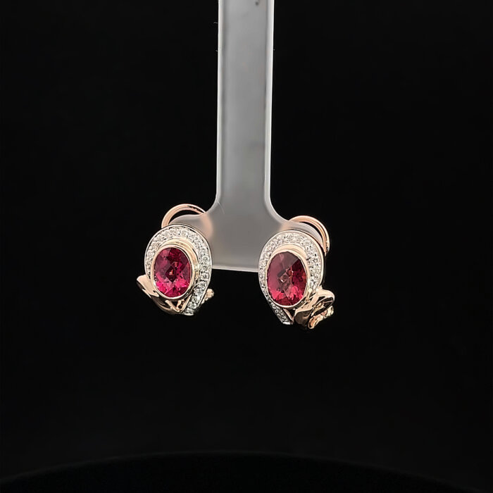 14k Rose Gold Oval Rubellite & Diamond Earrings - Image 2