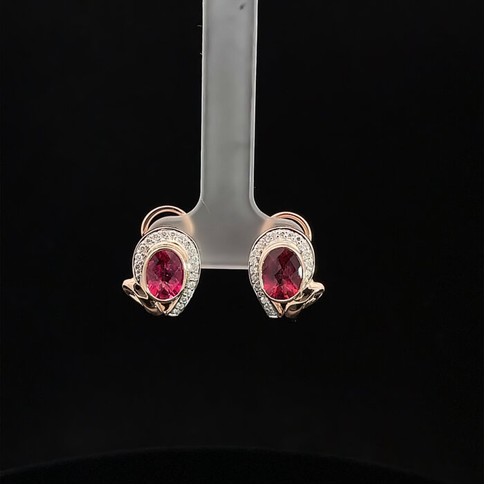 14k Rose Gold Oval Rubellite & Diamond Earrings