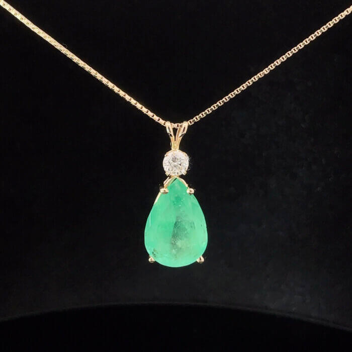 10.70ct Pear Shaped Emerald & Diamond Pendant in 14k Yellow Gold