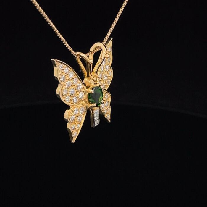Green Chrome Diopside & Diamond Butterfly Pendant in 14k Yellow Gold - Image 2