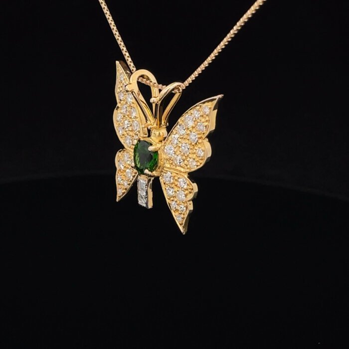 Green Chrome Diopside & Diamond Butterfly Pendant in 14k Yellow Gold - Image 4