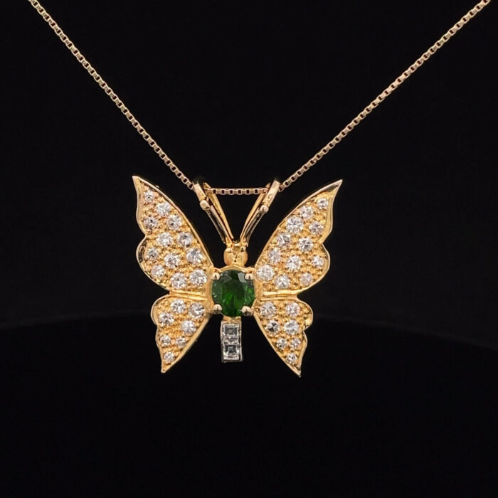 Green Chrome Diopside & Diamond Butterfly Pendant in 14k Yellow Gold