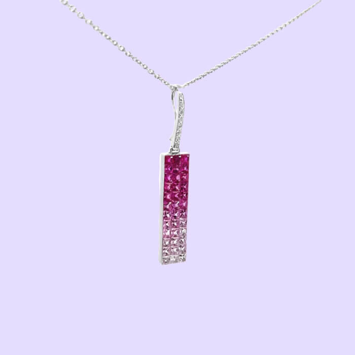 Ombré Pink Sapphire Necklace w/ Chain in 18k White Gold - Image 2