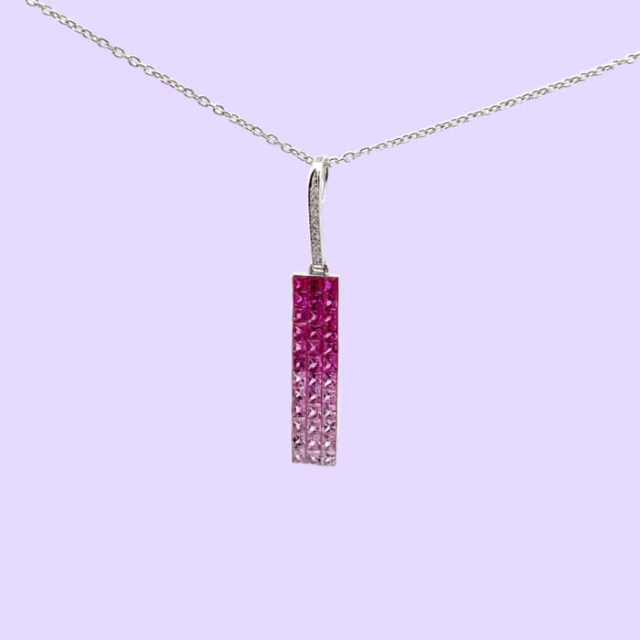 Ombré Pink Sapphire Necklace w/ Chain in 18k White Gold - Image 5