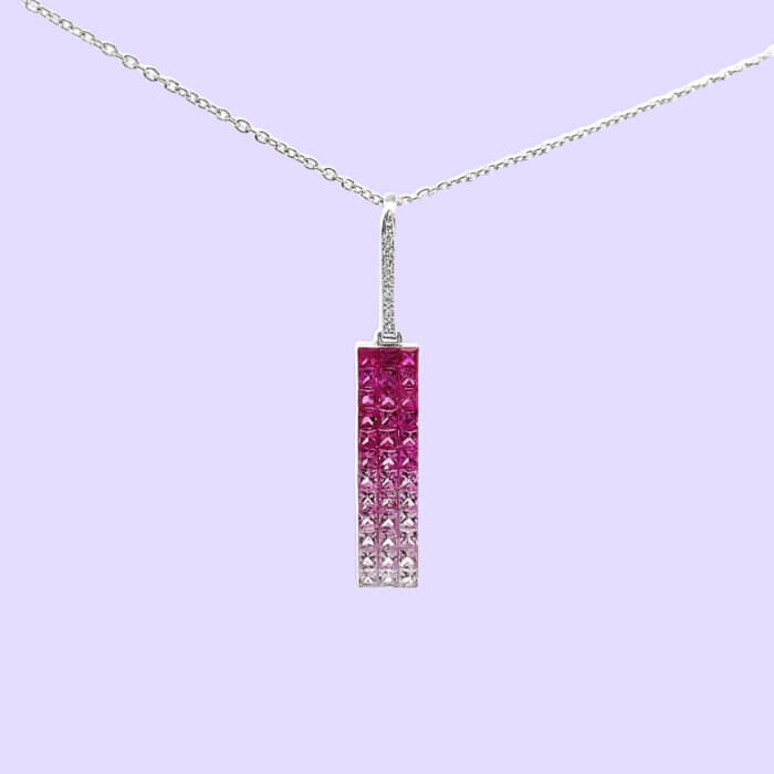 Ombré Pink Sapphire Necklace w/ Chain in 18k White Gold