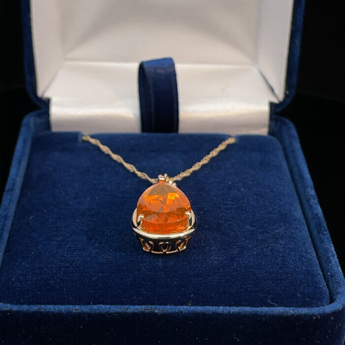 Pear-Shaped Mexican Fire Opal & Diamond Necklace w/ Chain in 14k Yellow Gold - Image 4