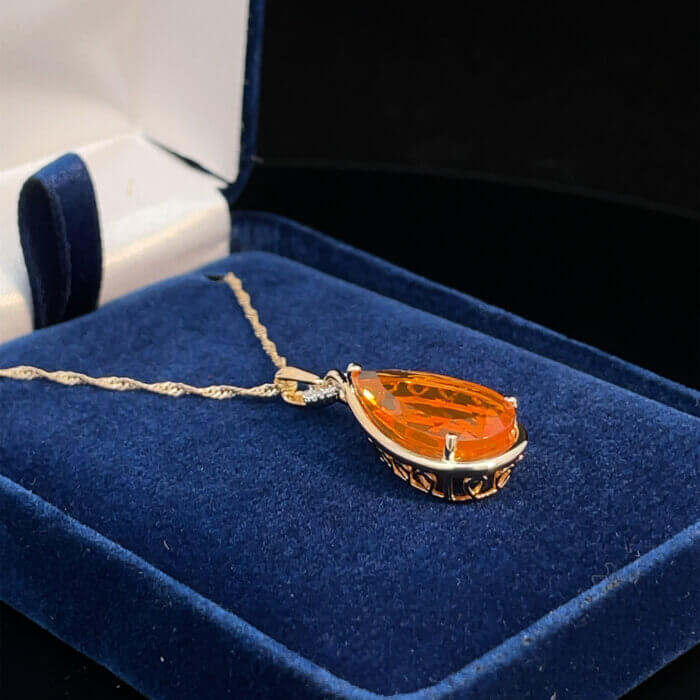 Pear-Shaped Mexican Fire Opal & Diamond Necklace w/ Chain in 14k Yellow Gold - Image 3