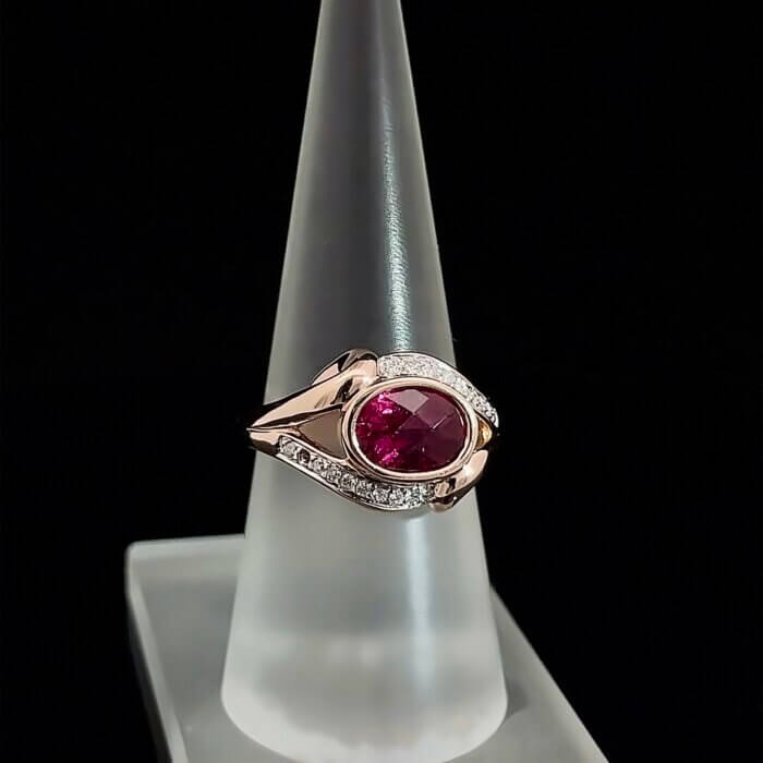Oval Rubellite & Diamond Ring in 14k Rose Gold