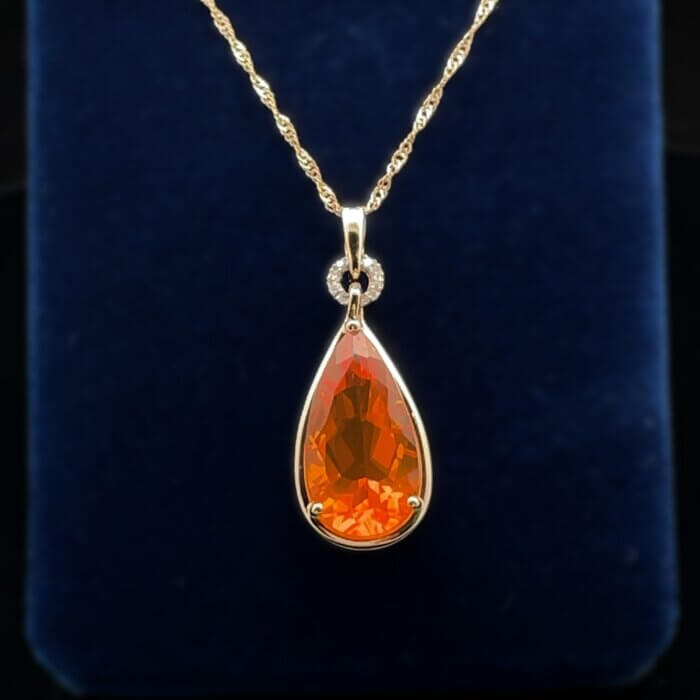 Pear-Shaped Mexican Fire Opal & Diamond Necklace w/ Chain in 14k Yellow Gold - Image 2
