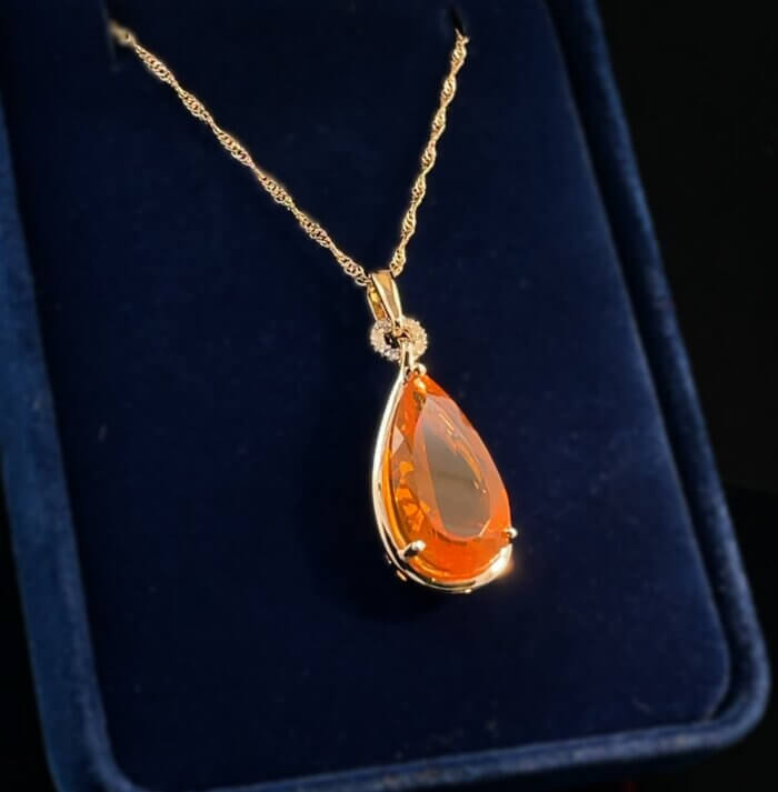 Pear-Shaped Mexican Fire Opal & Diamond Necklace w/ Chain in 14k Yellow Gold