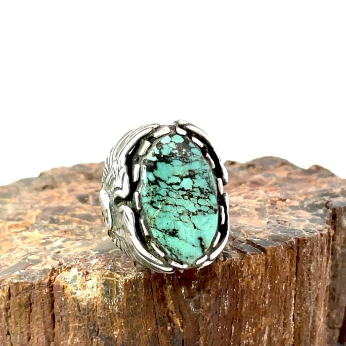 Native Green Turquoise Eagle Band Ring in Sterling Silver