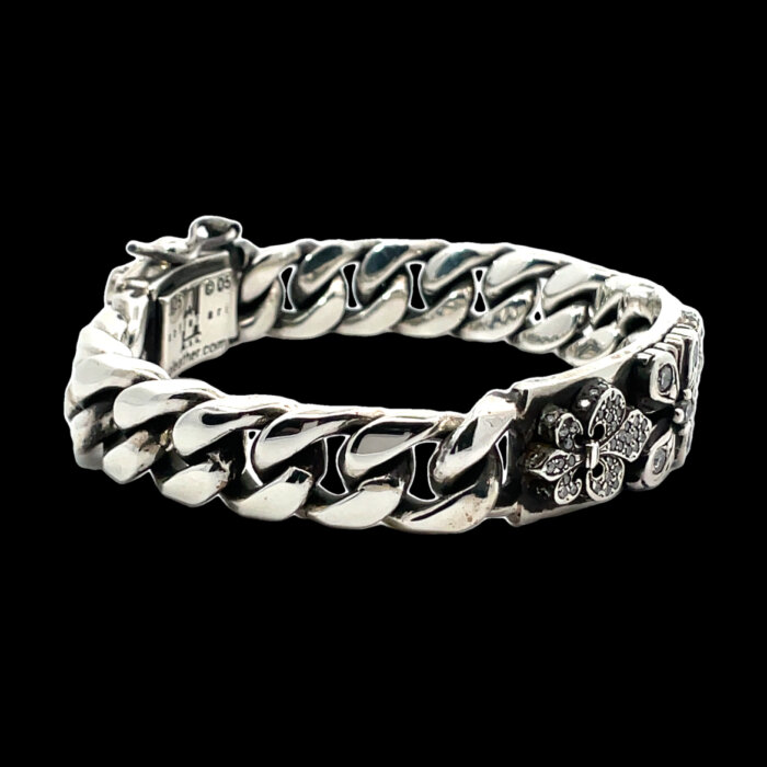 Soffer Ari Fleur-De-Lis Heavy Sterling Silver & Diamond 9" Bracelet - Image 6