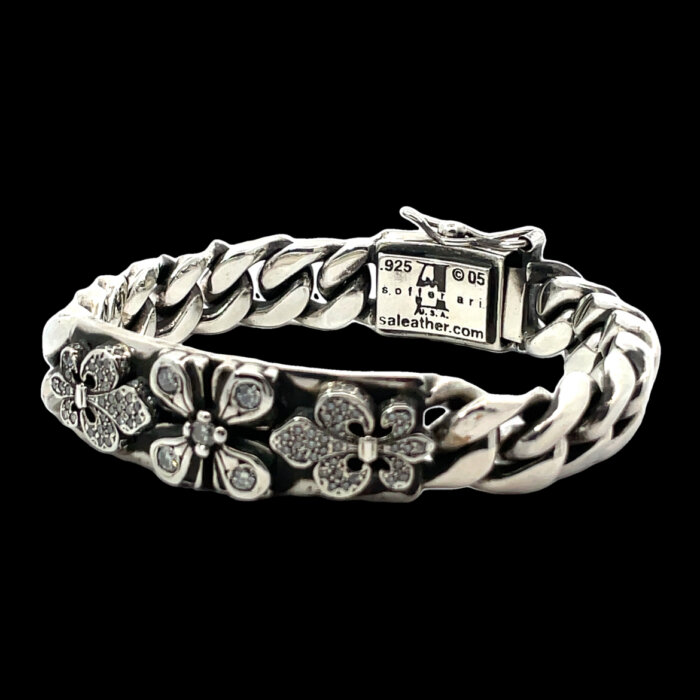 Soffer Ari Fleur-De-Lis Heavy Sterling Silver & Diamond 9" Bracelet - Image 3