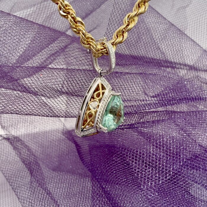 10.33 ct Green Fluorite & Diamond 2-Tone 14k Gold Enhancer Pendant - Image 5