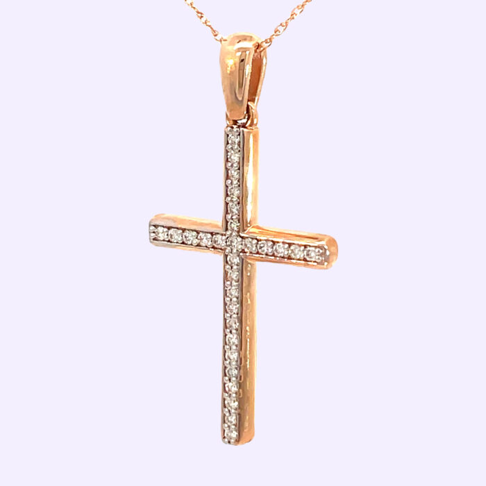 14k Rose Gold Diamond Cross with Chain - Image 3