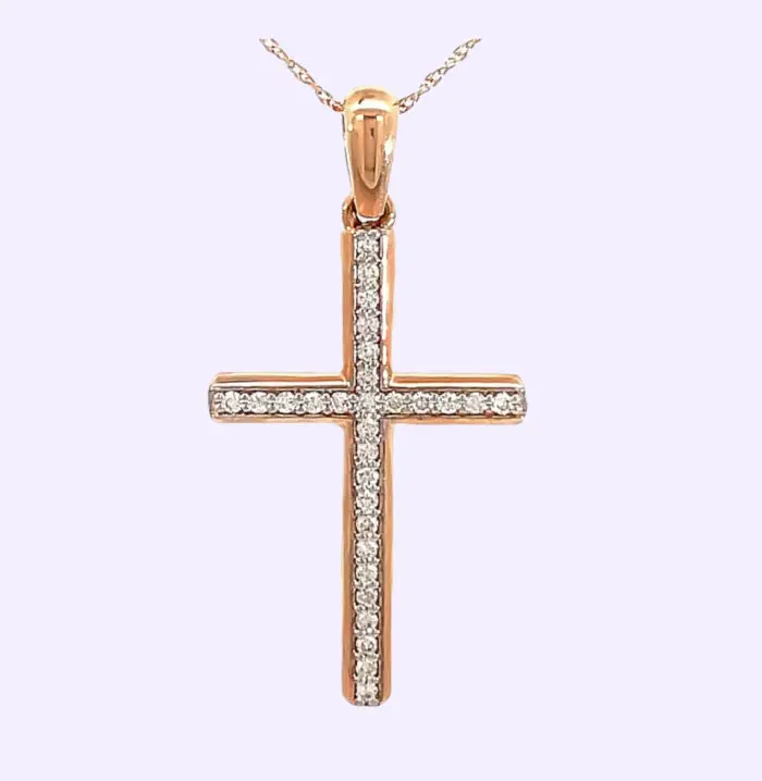 14k Rose Gold Diamond Cross with Chain