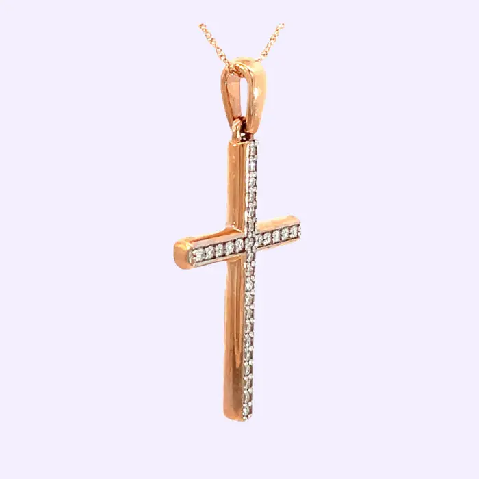14k Rose Gold Diamond Cross with Chain - Image 2