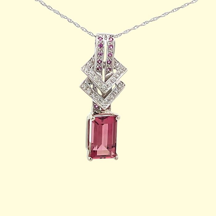 Emerald-Cut Pink Tourmaline & Diamond in 14k White Gold