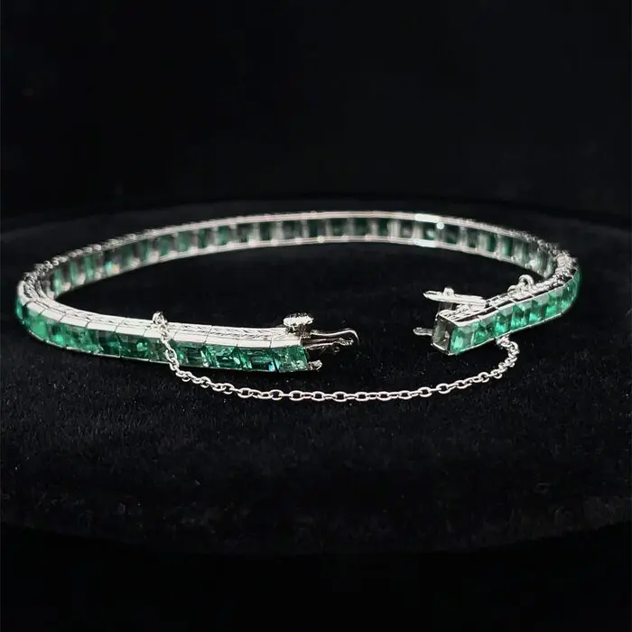 Platinum 50 Square-Step Cut Natural 11.50ctw Emerald Bracelet - Image 2