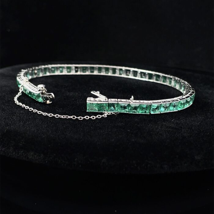 Platinum 50 Square-Step Cut Natural 11.50ctw Emerald Bracelet - Image 5