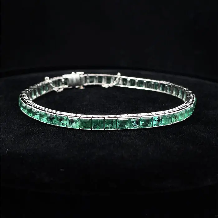 Platinum 50 Square-Step Cut Natural 11.50ctw Emerald Bracelet - Image 3