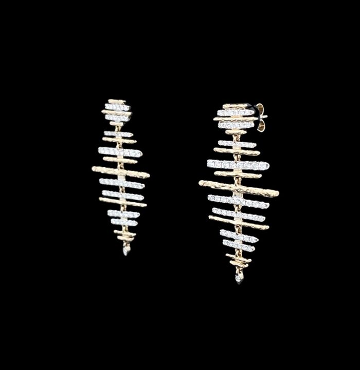 14k White & Yellow Gold Hammered Dangle Diamond Earrings - Image 3