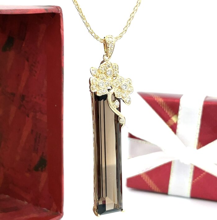 Elegant 14k Yellow Gold Diamond & Smoky Quartz Pendant - Image 2