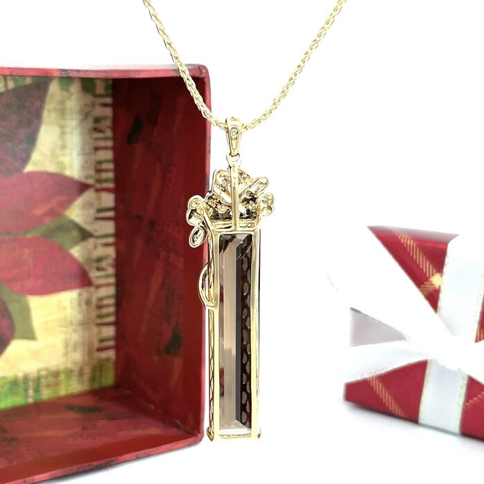 Elegant 14k Yellow Gold Diamond & Smoky Quartz Pendant - Image 4