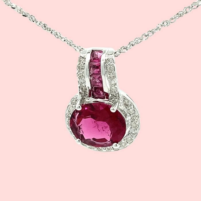 Rubellite & Diamond Halo Enhancer Pendant in 14k White Gold