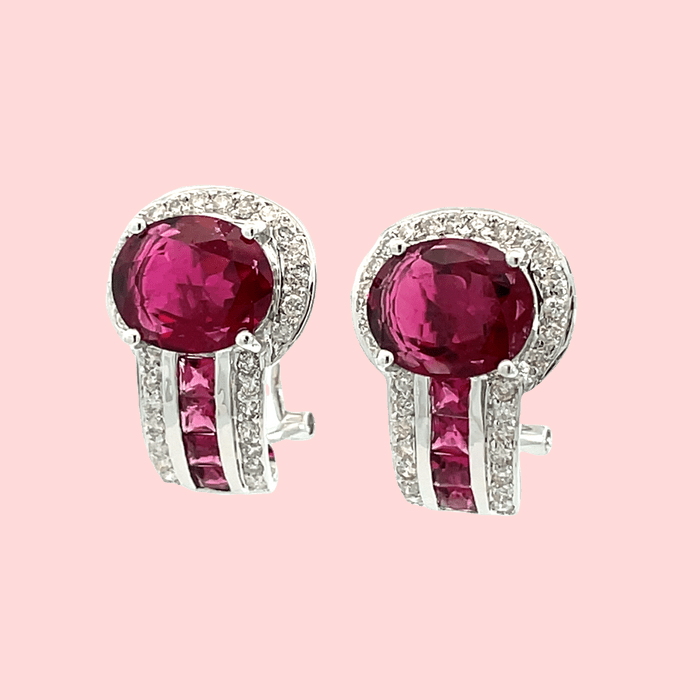 Rubellite & Diamond Halo Earrings in 14k White Gold - Image 3