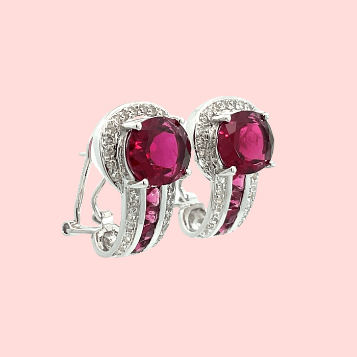 Rubellite & Diamond Halo Earrings in 14k White Gold - Image 7