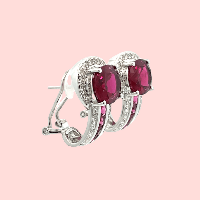 Rubellite & Diamond Halo Earrings in 14k White Gold - Image 6